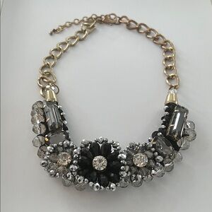 Floral Elegant Black and Silver Beaded Statement Necklace